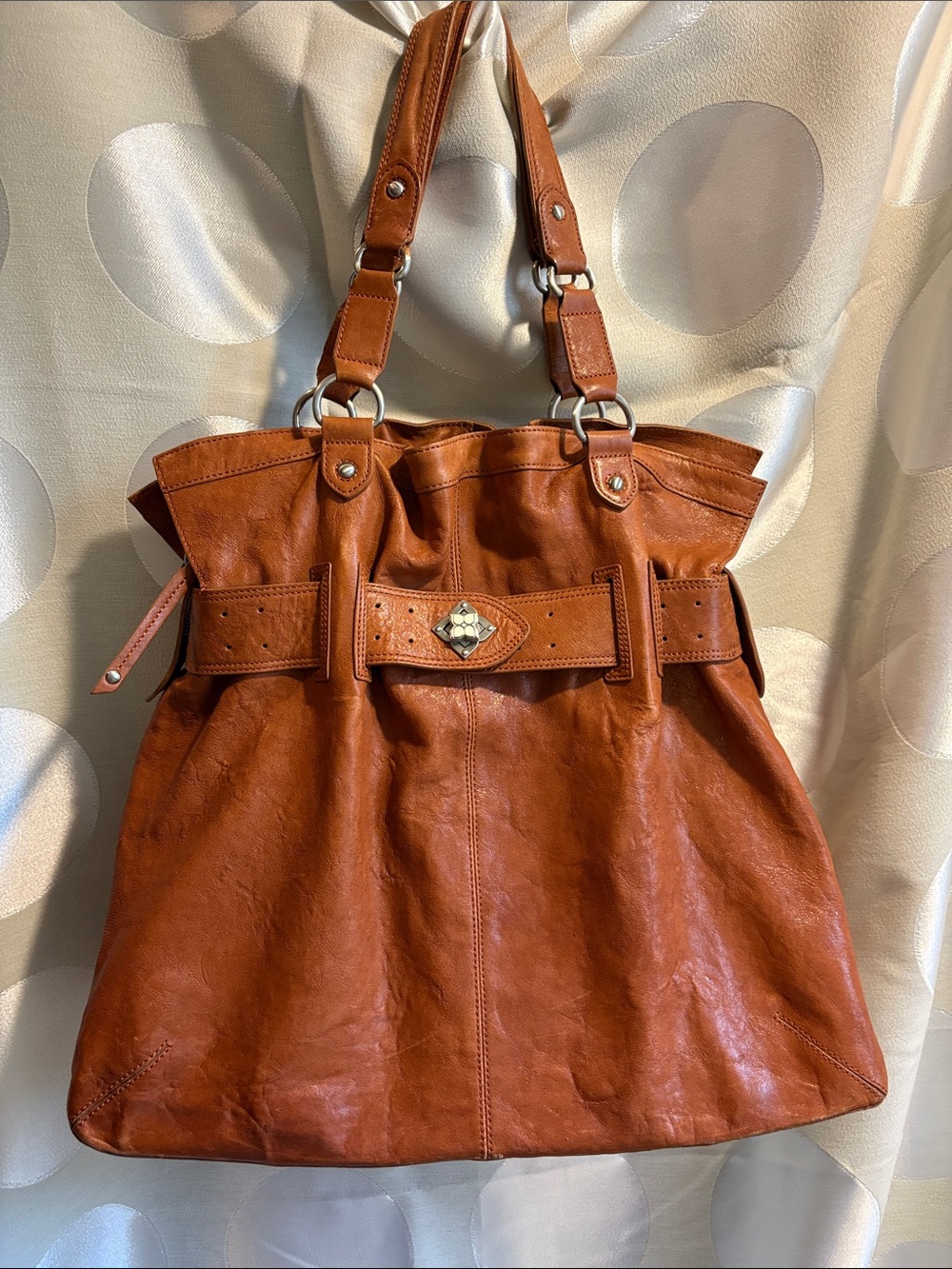 Distressed Boho Vintage BCBGMAXAZRIA Oversized Leather Belted Tote Satchel
